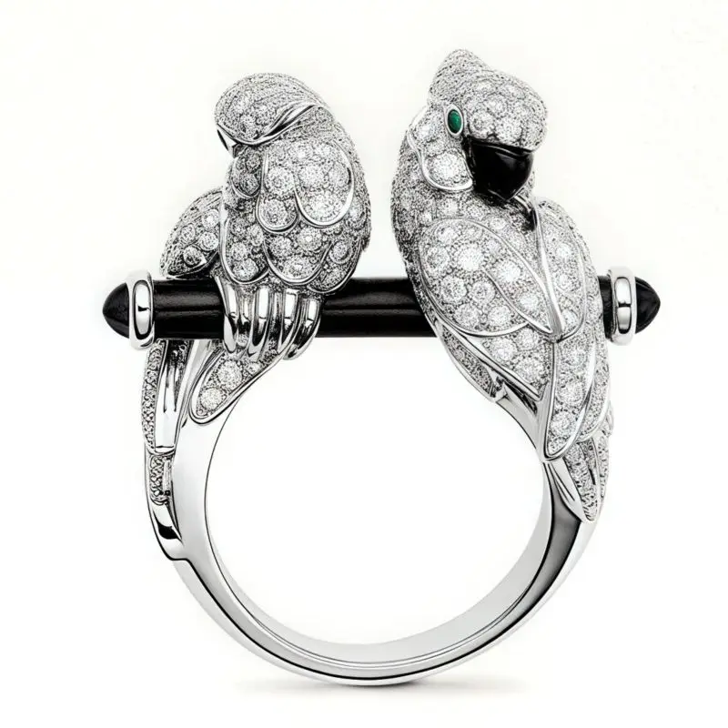 WINKIN WINSIN Brand MST 925 Sterling Silver Double Headed Parrot Enamel Luxury Ring For Women High Quality Zircon Gemstones Ring