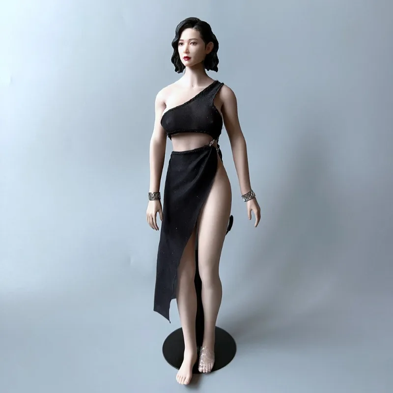 1/6 Scale Female Soldier Black One Shoulder Ultra-thin Dress with Side Slit Clothes Model for 12'' Toy Figures Body Decoration