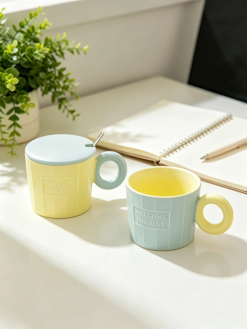 Contrast Color Mug, Ins Style Ceramic Coffee Cup, Set with Lid and Spoon, Creative Gift Box Water Cup,320ml