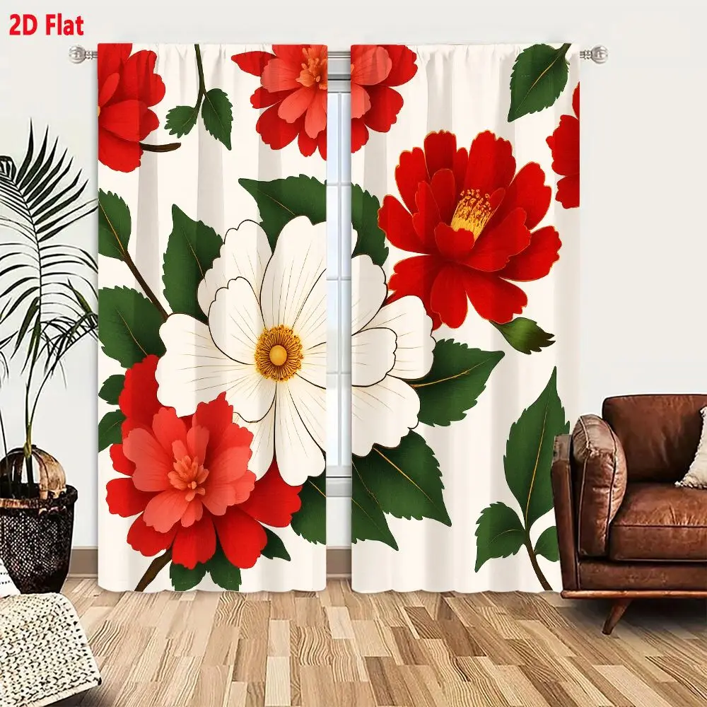 2Pcs Curtains 2D Flat Decorative Floral Pattern With Red Pinkish Red White Flowers Green Leaves On Light Cream Background Illust