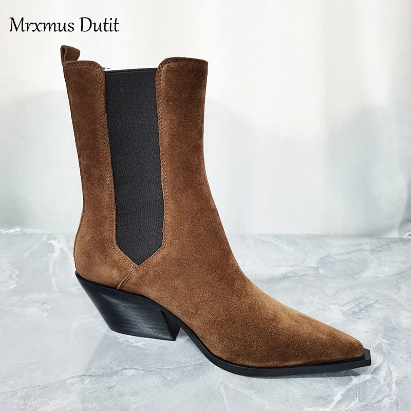 Mrxmus Dutit 2024 Autumn Winter Fashion New Women Genuine Leather Boots Rough Heel Pointed Head Simple Casual Vintage Female