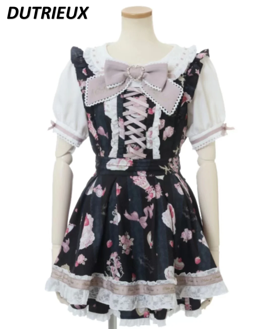 Japanese Lolita Dress Women 2024 New Summer Cute Sweet Girl Strawberry Printed Short Sleeve Midi Dress + Shorts Sets Outfits