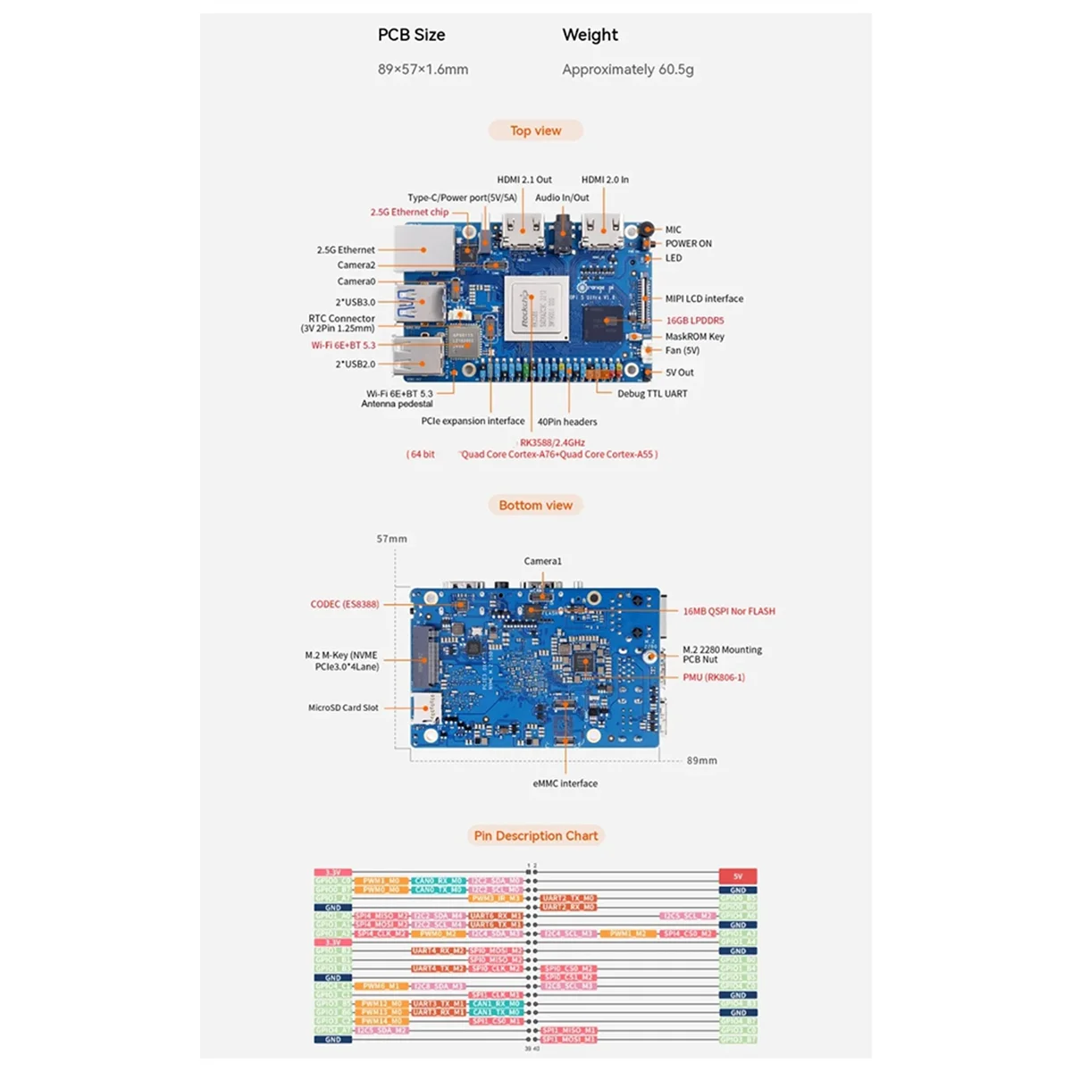 B53CC For Orange Pi 5 Ultra 16G Ram RK3588 DDR5 Single Board Computer WiFi+BT M2 SSD 6TOPS NPU Mini PC Run Android12 Linux