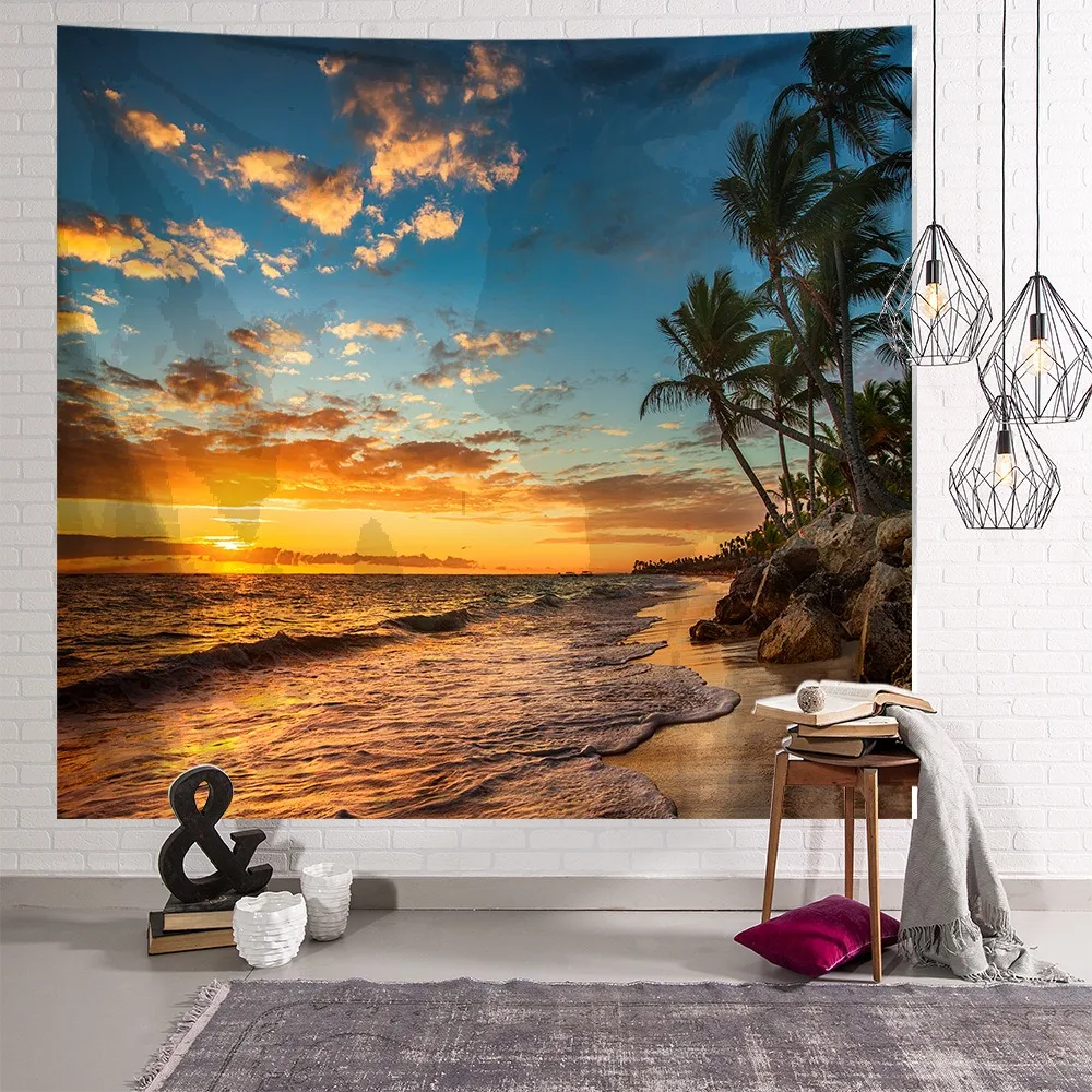 

Beach Sunset Landscape Tapestry Background Cloth Ceiling Home Decor Tropical Plants Seascape Room Wall Decor