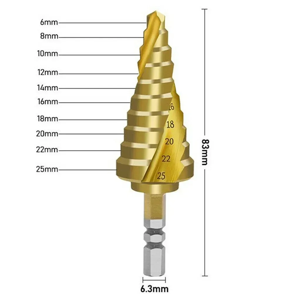 Broca escalonada HSS de 6-25mm, vástago hexagonal, Pagoda, espiral estriada, cortador de agujeros, perforación de plástico, Metal, madera, taladro