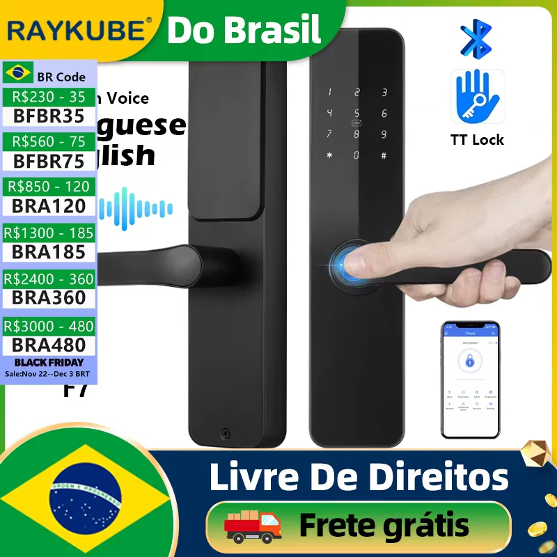 Do Brasil RAYKUBE F7 TT Lock Bluetooth Fingerprint Electric Door Lock Portuguese/English Version with Key/Card/Password Unlock