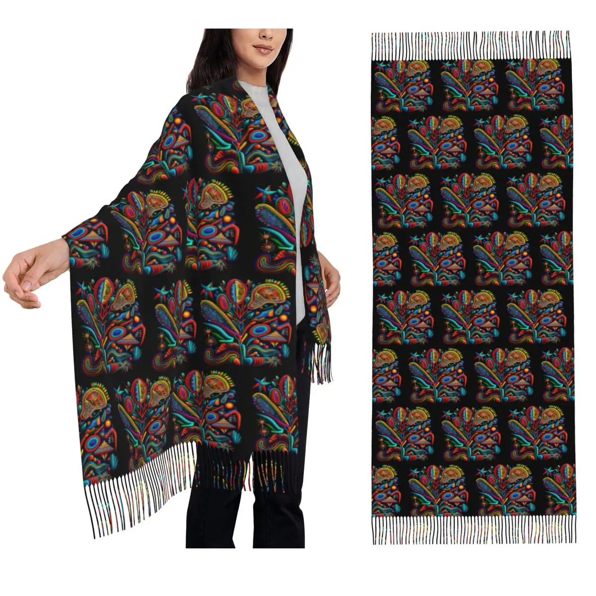 

Huichol Mexican Yarn Painting Style Throw Cushion Scarf Tassel Scarves Women Shawls and Wraps Long Fall Winter Shawl Wrap