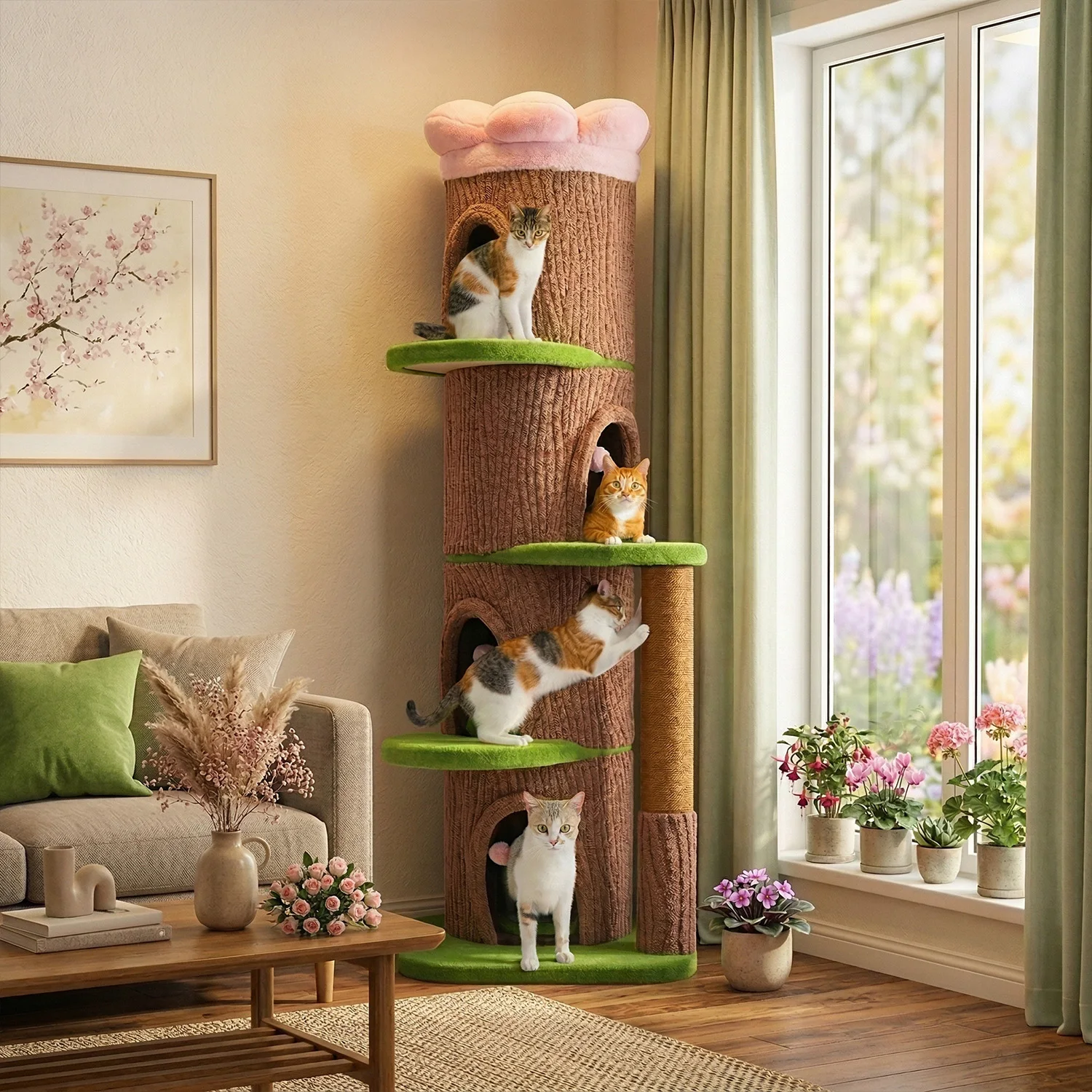 Arbre à chat haut de gamme avec perchoir supérieur en forme de fleur, poteau à gratter épais, 4 condos confortables, adapté aux chats de grande taille et aux chats lourds, jouets pour chats