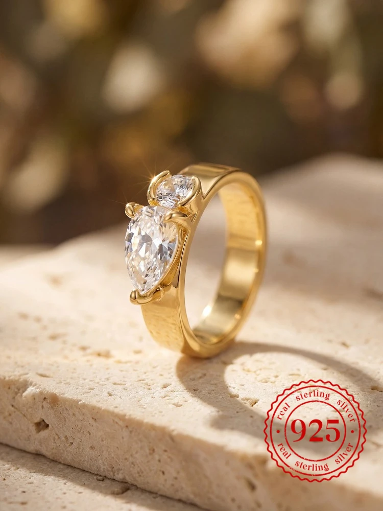 

925 Sterling Silver Round Water-Drop Simple Zircon Ring For Women Anniversary Engagement Wedding Luxury High Quality Jewelry