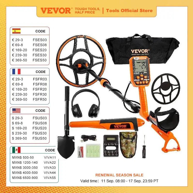 VEVOR Rilevatore per Metalli Impermeabile IP68 Sommergibile 3m Bobina di Ricerca 30,5cm 7 Modalità di Funzione 4 Batterie Ricaricabili Lunghezza Asta Regolabile 99-127cm Metal Detector Professionale