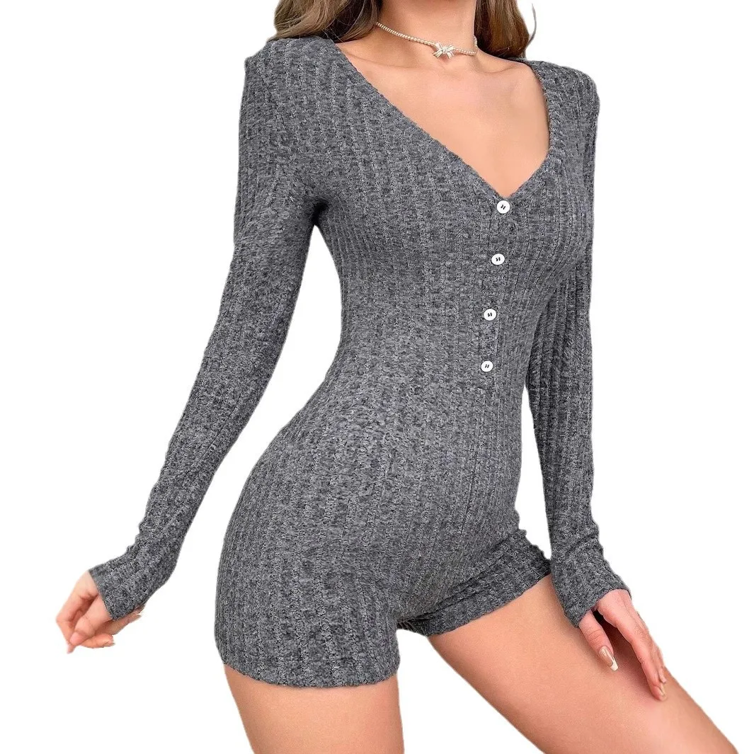 

Women's Casual Long Sve Deep V Button Jumpsuit Autumn Winter Low Waist ort Pants Street Sle Polyester Fabric