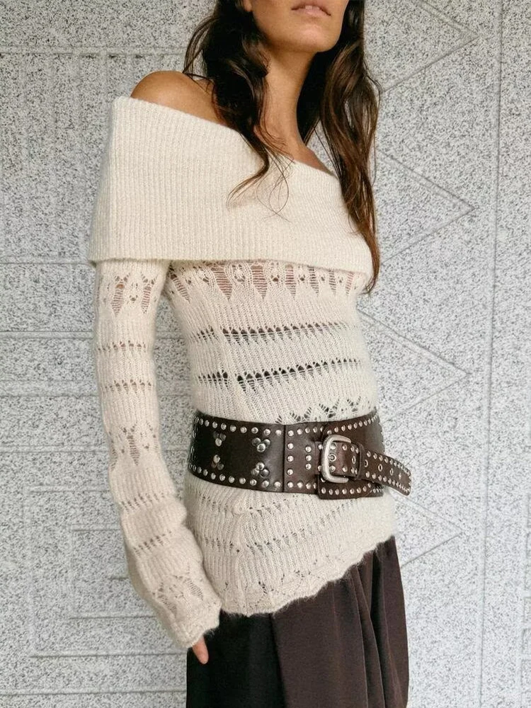 European and American style women's clothing, new style, fashionable, elegant, versatile and simple off-the-shoulder knit top