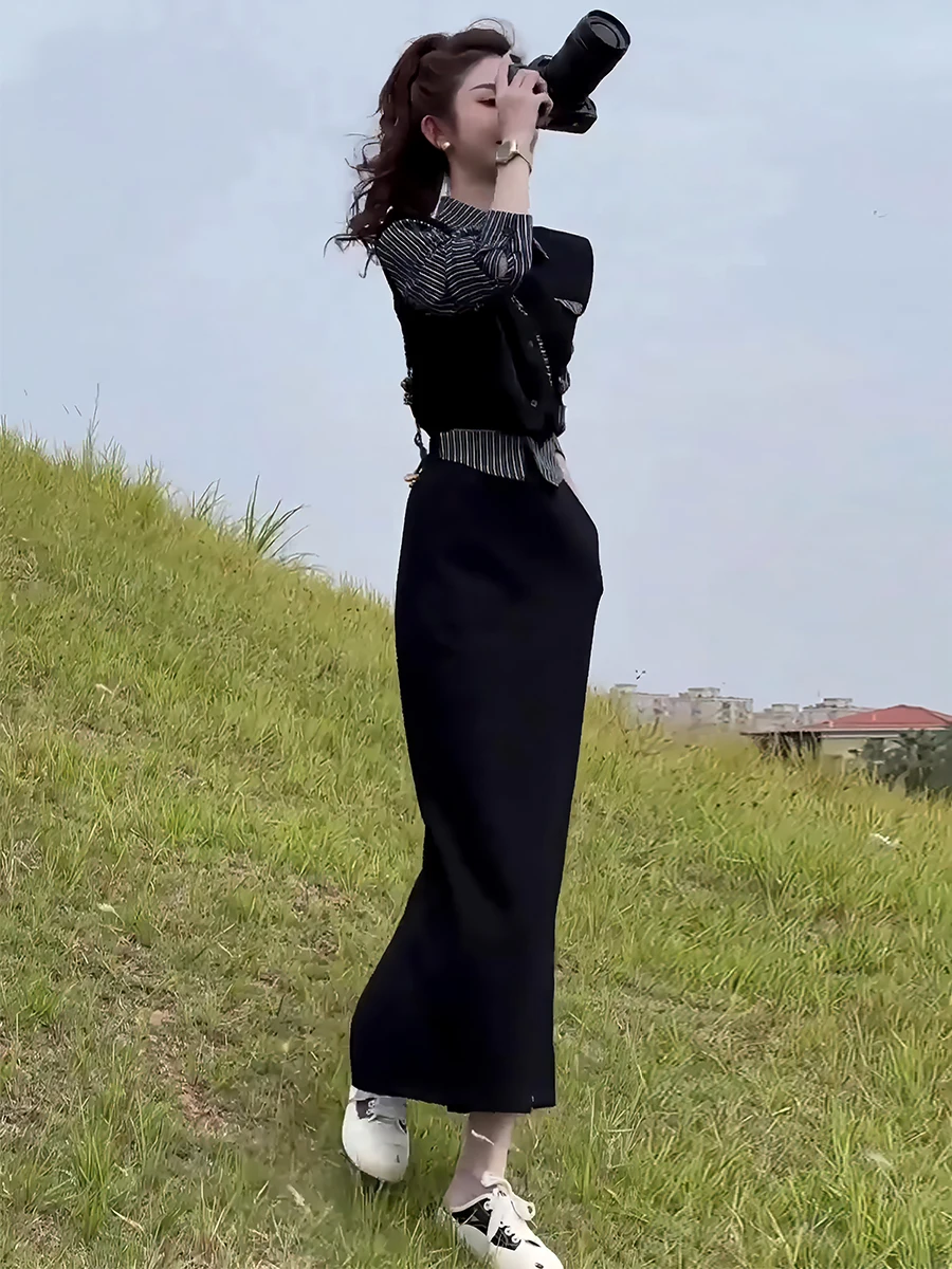 Lente 2025, damesset met hoge taille, gestreept irt-vest en rok, Faion-ontwerp, vals tweedelig pak voor kleine dames