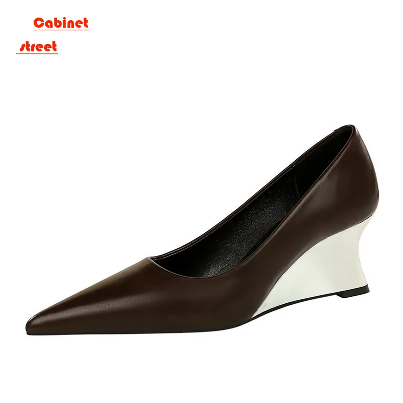 

European American Fashion Party Women's Wedges High Heels Shallow Mouth Pointed Metal Slope Heels Women Pumps Ladies Shoes