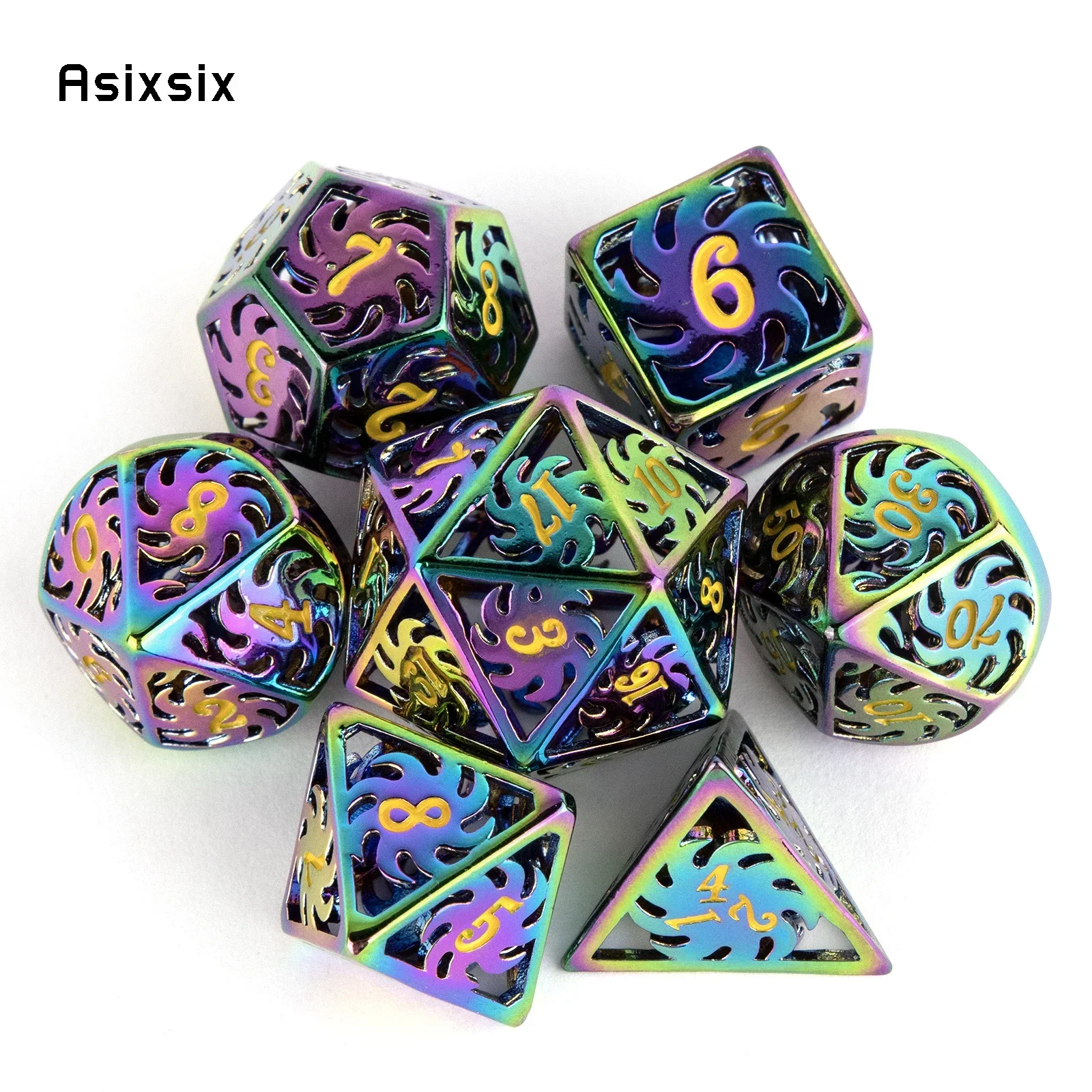 

7 Pcs Colorful Rotary Windmill Metal Dice Hollow Metal Polyhedral Dice Set Suitable for Role-Playing Board Party Dice Prop Gift