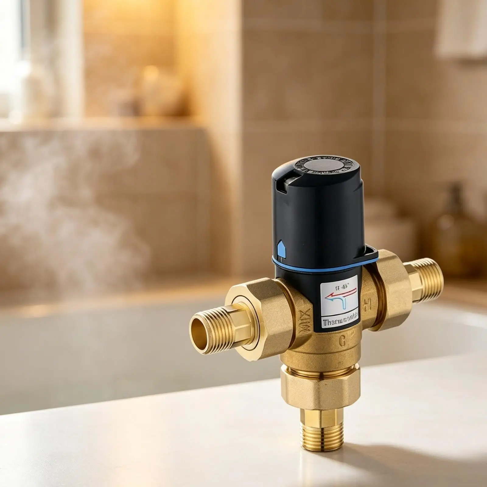 Adjustable Thermostatic Valve Mixer for Shower Cold Hot Water Blending Control 15 to 65 Degree Dial with Strainer Screen Brass