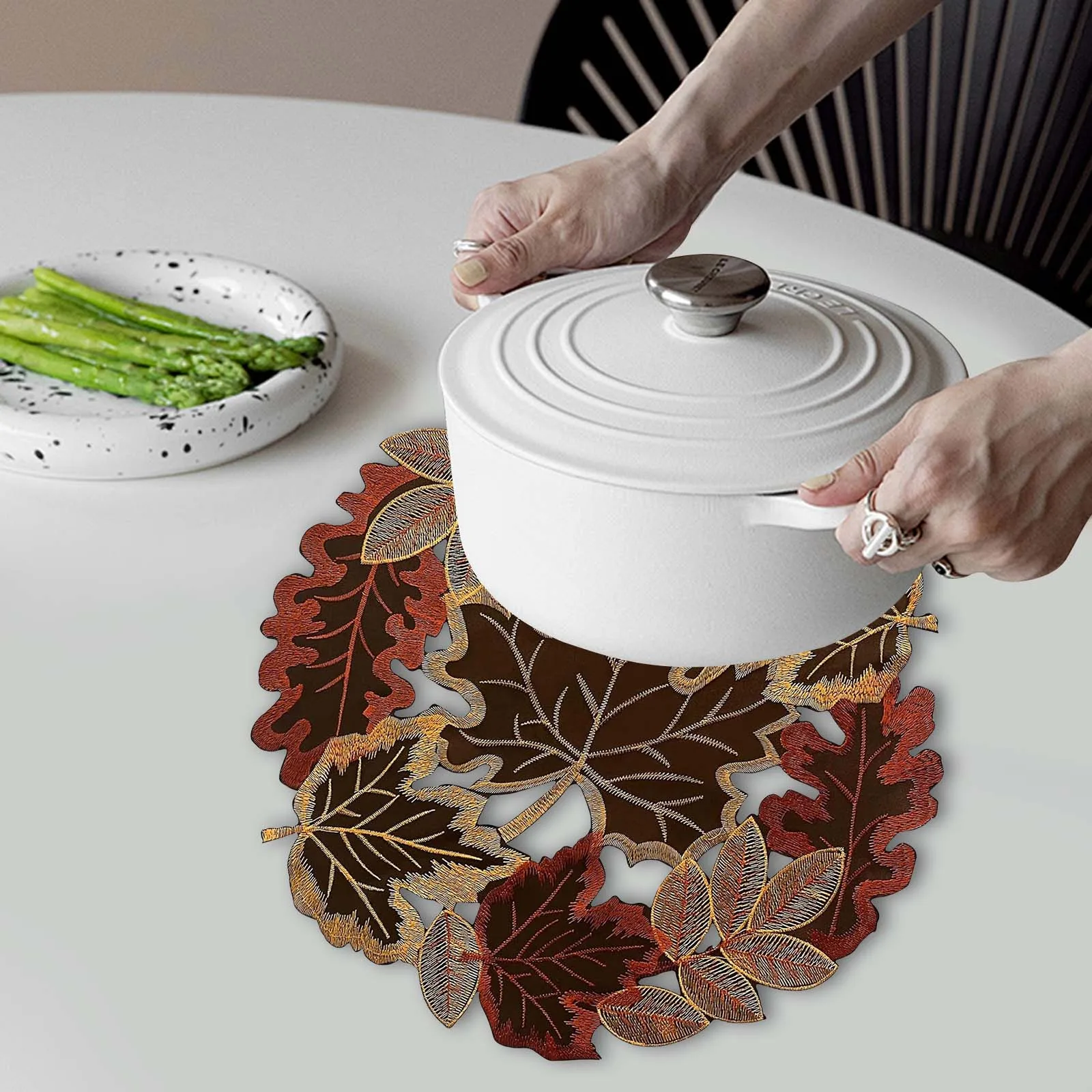 Embroidered Maple Leaf Round Doily Placemats W/ Lace Maple Leaf Pattern Table Mat Round Fall Table Mat for Fall Harvest Decor