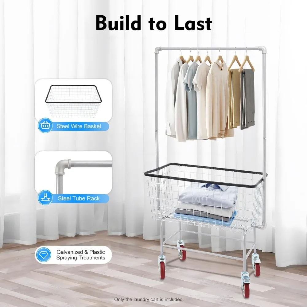 Laundry Cart with Clothes Rack, Rolling Laundry Basket with Wheels, Commercial Laundry Basket, Steel Frame with Chrome Finish