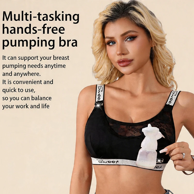 Wireless Hands-Free Breast Pump Bra Lace Cutout Postpartum Nursing Maternity Bra Comfort Support Breastfeeding Underwear for Mom
