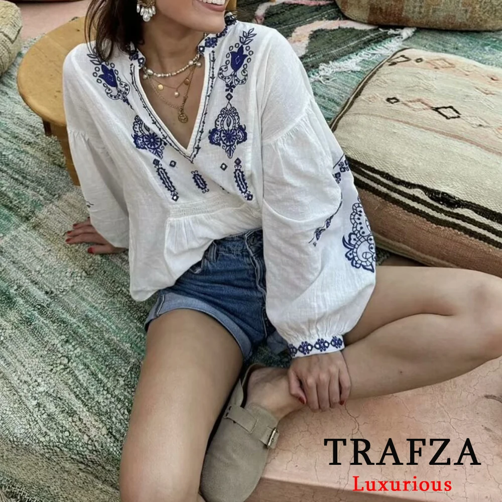 TRAFZA Vintage Embroidery Loose Cotton Shirts Women V Neck Long Sleeve Blouses Fashion 2024 Summer Elegant Boho Female Tops