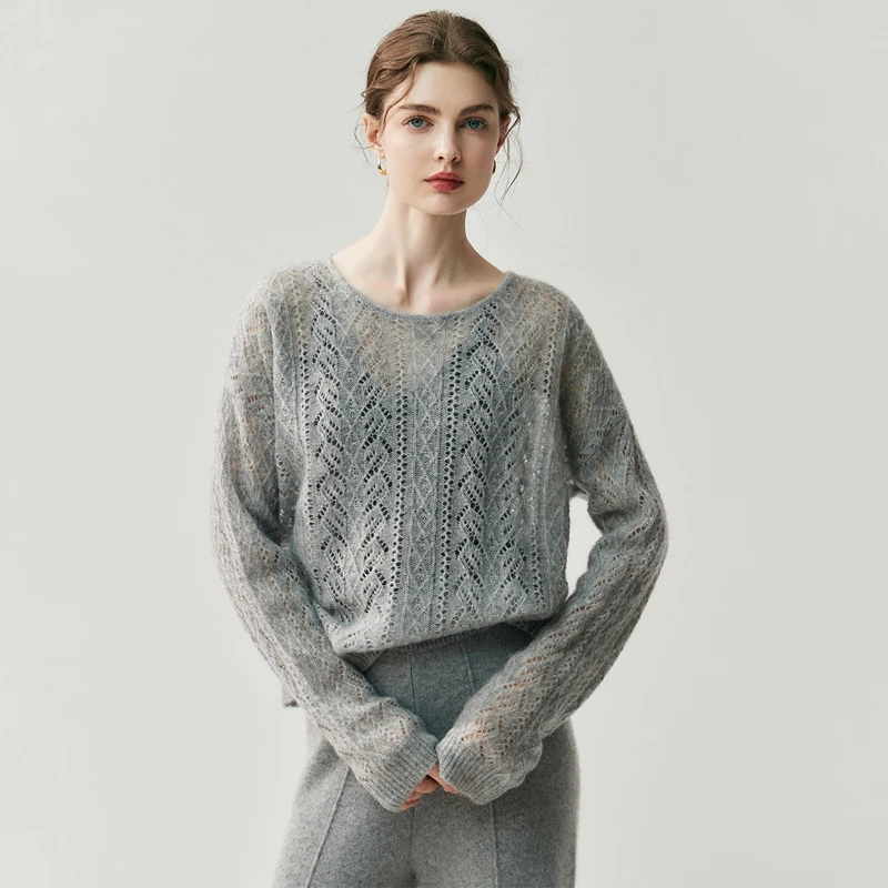 

MEELEX Elegant Women O-neck 100% Cashmere Sweater Spring Autumn Hollow Out Pullover Tops Casual Woman Solid Color Knitted Blouse