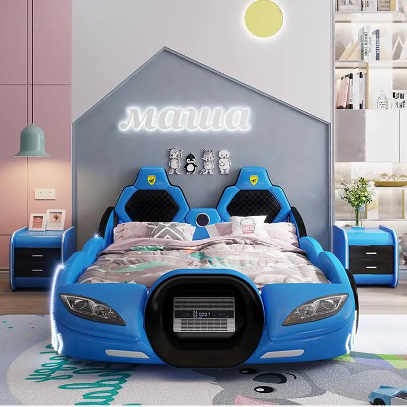 Cama infantil de madeira maciça multicolorida com guardrail, mobília de quarto fofa, em forma de carro, cama infantil linda para meninos e meninas