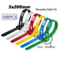100-Piece,5 x 200mm Cable Tie, Reusable Locking Nylon Tie,Fastening Ring Releasable Tie,Red Green Yellow Blue