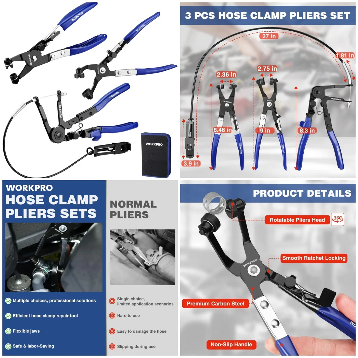 

3-Piece Hose Clamp Pliers Set with Pouch - Long Reach, Angled & Flat Band Pliers for Ring Installation/Removal