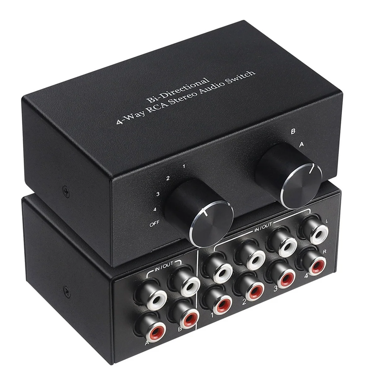 AU47-Bi-Directional 4-Way RCA Stereo Audio Switch L/R Sound Channel Audio Switcher,2 in 4 Out or 4 in 2 Out Audio Splitter