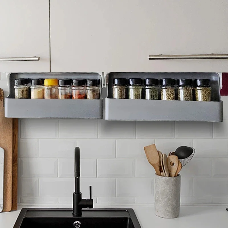 Kitchen Spice Rack Self-adhesive Wall-mounted Under-Shelf Seasoning Bottle Storage Rack Spice Organizer Kitchen Storage Rack