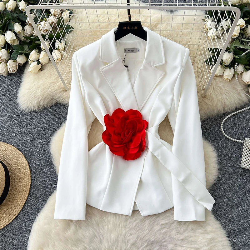 

Стильный трехмерный костюм с цветочным принтом для женщин, модный профессиональный костюм для офиса с эффектом утяжки на талии и длинными рукавами.