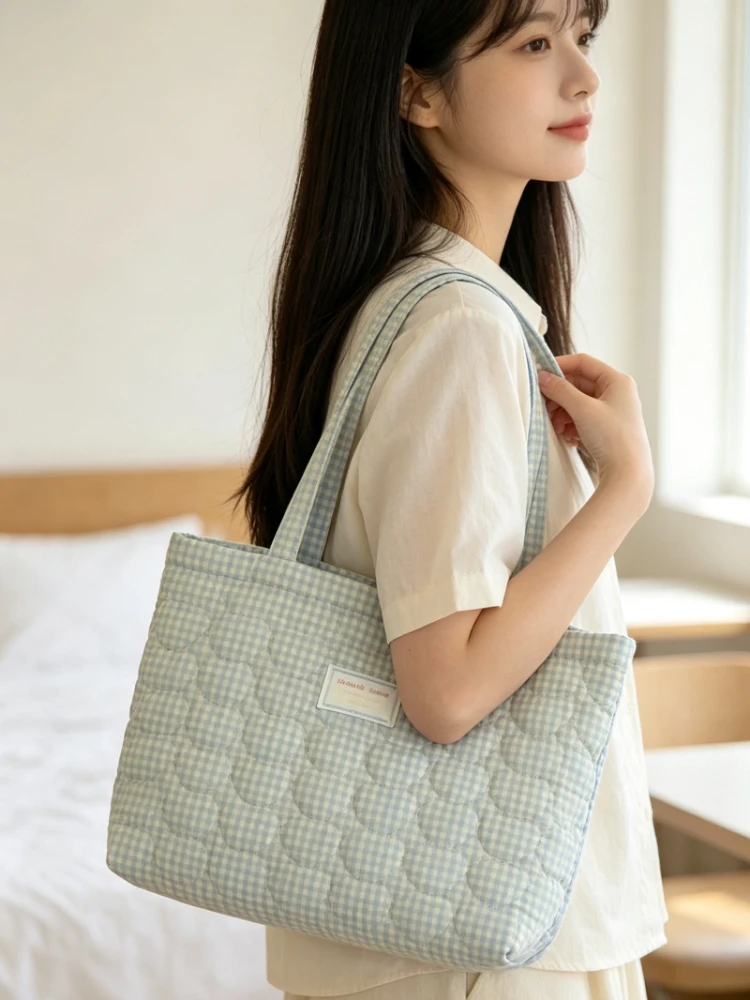 Autumn Quilted Cotton Padded Heart Plaid Tote Bag Large Capacity Women Single Shoulder Handbag Mommy Daily Outing Bag