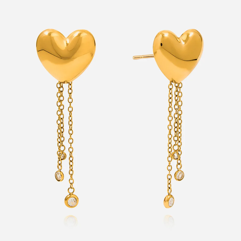 

Sweet Stainless Steel Gold Plated Earring Heart Shape 3-Layer Zircon Tassel Boho Garden Jewelry for Picnic Date & Sunset Concert