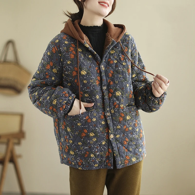 Winter Vintage Style Floral Printed Cotton Linen Thicken Jackets Hooded Drawstring Casual Loose Warm Outdoor Daily Women Coats