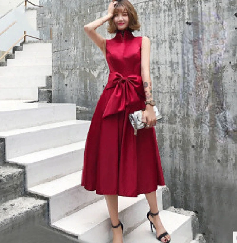 F288 Champagne Wine Red Satin Prom Dresses Sleeveless Formal Vestidos Graduation Gowns Bride Guest Wedding Party Dress With Bow