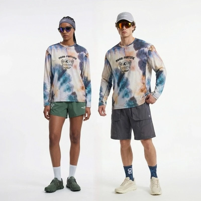 Men's Long Sleeve Sports T-Shirt Quick Dry Stretch Athletic Base Layer Ink Digital Printing Workout Running Top Unisex