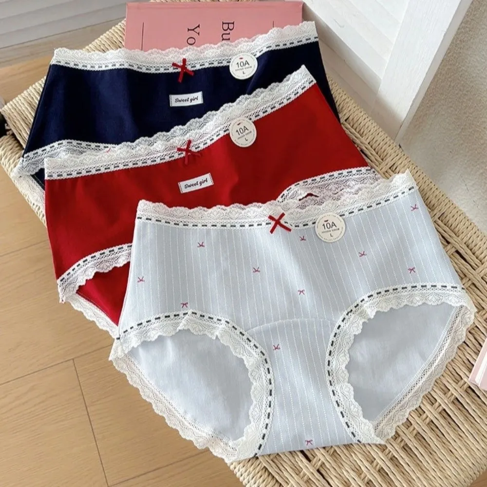 Breathable Mid Waist Lace Checked Briefs Sweet Comfortable Lace Bow Panties Cotton Women Underwear Lady