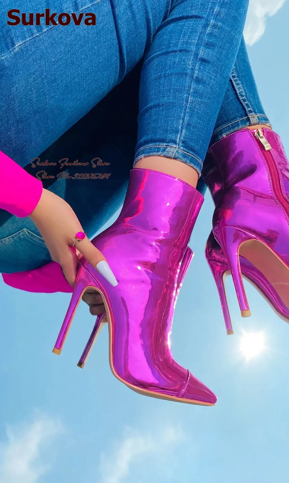 Surkova Metallic Green Pink Patent Leather Ankle Boots Hologram Iridescent Stiletto Heel Pointed Toe Short Booties Zipped Shoes