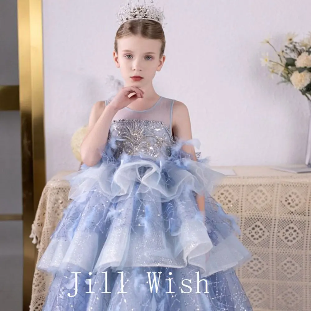 

Jill Wish J134, роскошное платье с синими перьями и цветочным узором для девочек, многоуровневое детское праздничное платье принцессы на свадьбу, день рождения, праздничное вечернее платье