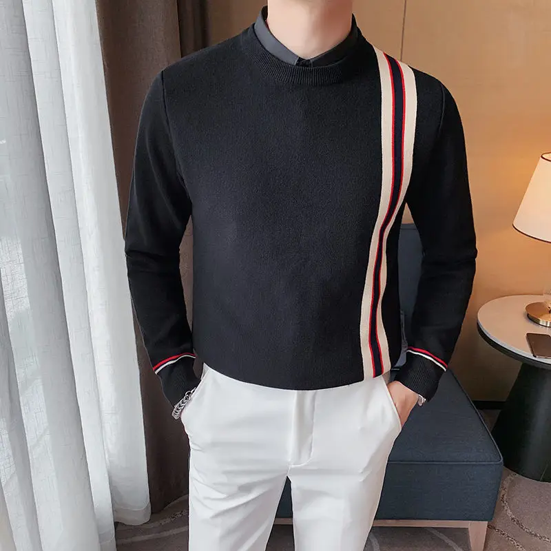 

Men's Clothing Lapel Pullovers Knitted Fake Two Pieces Autumn Winter Long Sleeve Chic Business Casual Striped Spliced Sweaters