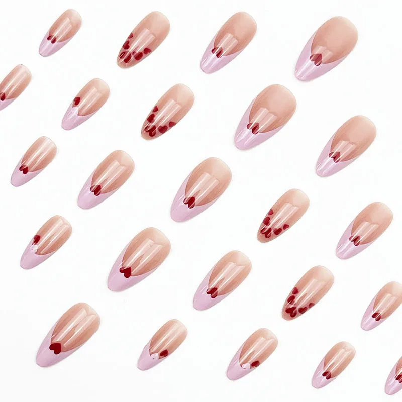 24 pièces amande faux ongles femmes saint valentin rose français presse sur ongles rouge amour coeur imprimé Stick-on faux ongles patchs