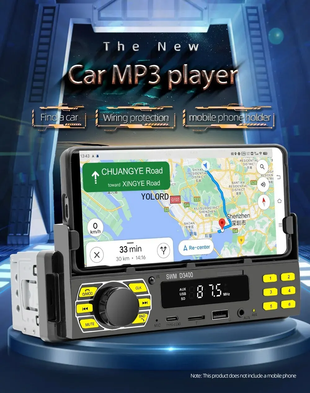 1Din Car Radio Player MP3 Bluetooth USB TypeC TF AUX Car Phone Stand Car Multimedia Player