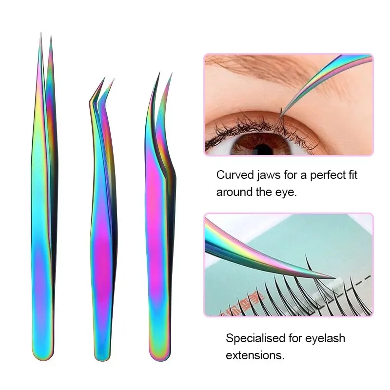 1 個レインボーまつげピンセット帯電防止まつげエクステンションピンセットファンラッシュ眉毛ピンセット湾曲ストレート優れた閉鎖