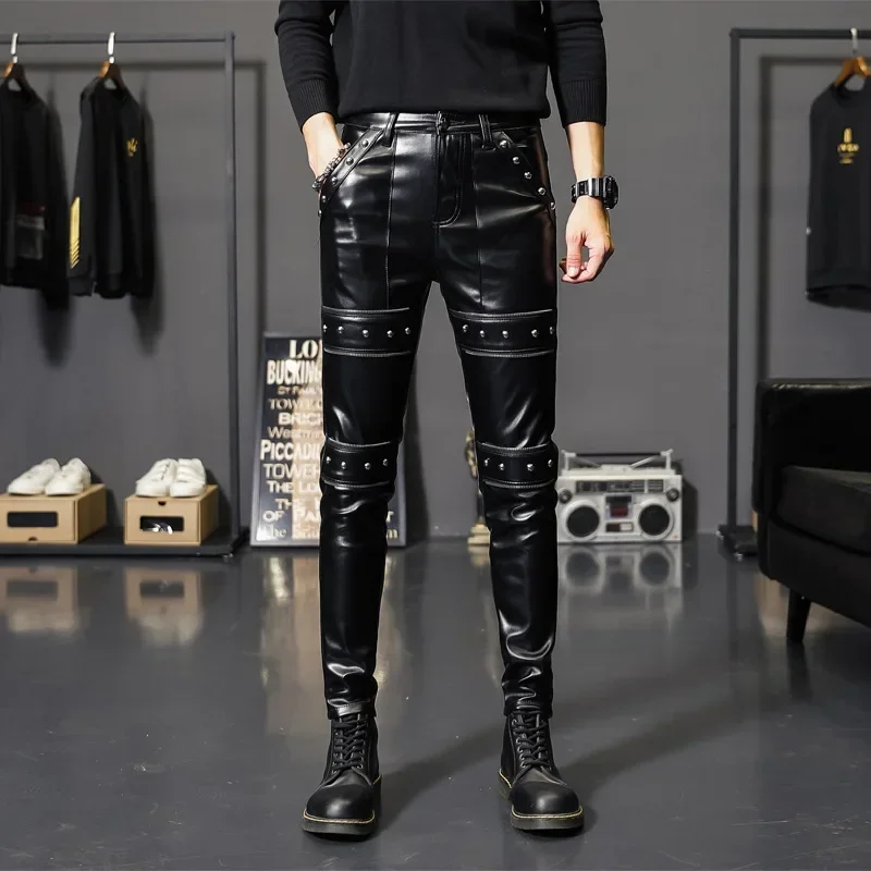 2024 New Winter Spring Mens Skinny Biker Leather Pants Fashion Faux Leather Motorcycle Trousers for Male Trouser Stage Club Wear - Image 4