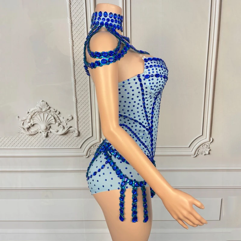 Women Group Jazz Dance Costume Blue Rhinestones Bodysuit Halloween Bar Nightclub Ds Dj Gogo Dancer Outfit Rave Wear XS9691
