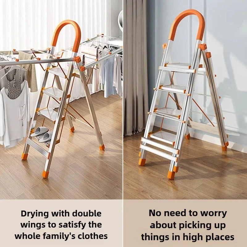 useful Household Ladder Folding Drying Rack Multi-functional Dual-purpose Drying Stairs Thickened and Retractable Stainless Ste