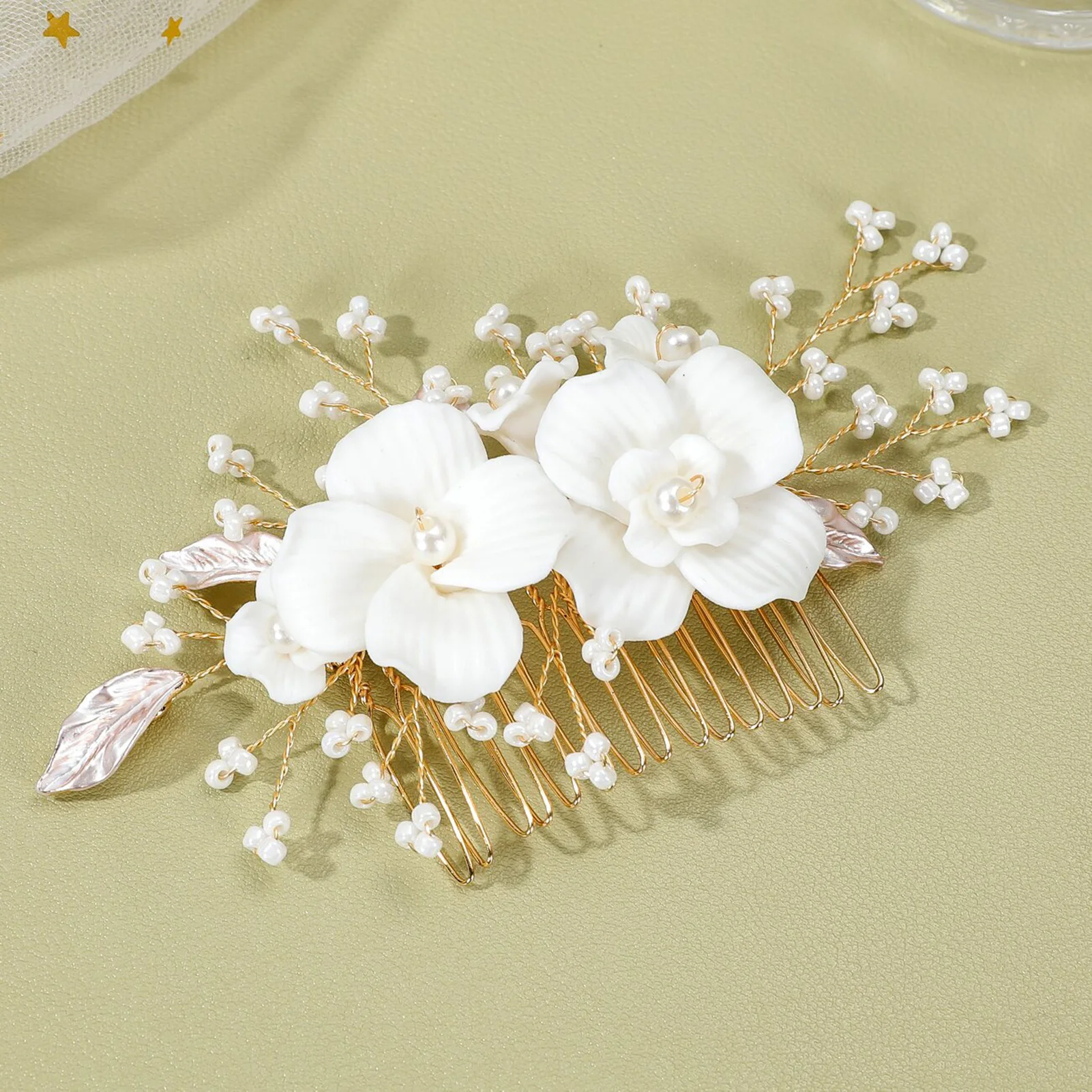 

Handwoven Ceramic Flower Hair Comb White Floral Pearl Leaf Designs Hairpin Women Girls Elegant Hair Clip Bride Wedding Headdress