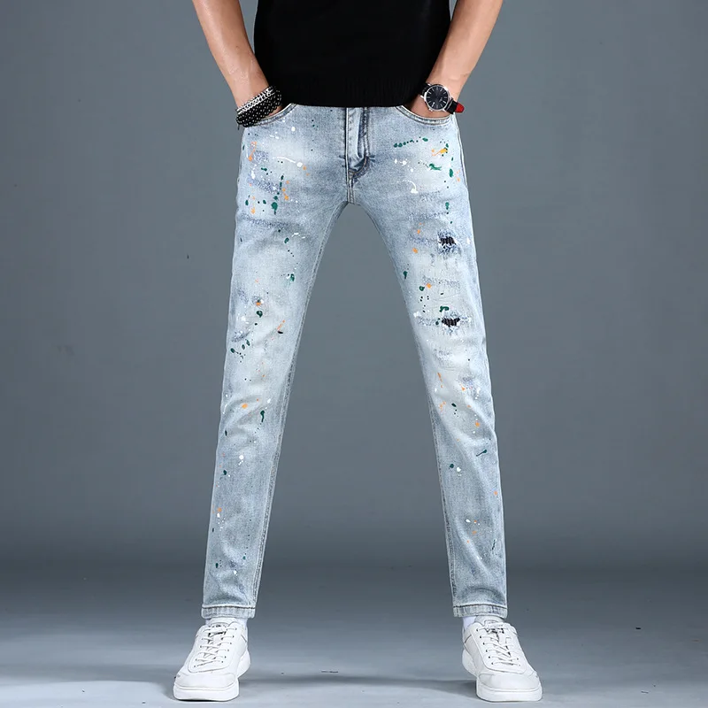 Trendy high-end jeans men's personalized paint printing slim fit skinny stretch casual street motorcycle trousers