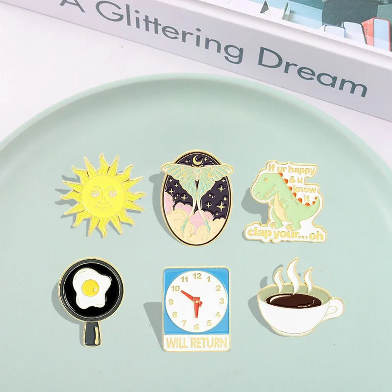 Clock Fried Egg Coffee Sun Dinosaur Enamel Pins Custom Daily Brooch Lapel Badge Bag Cartoon Jewelry Gift for Kids Friends