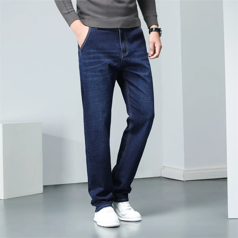 Phong Cách Cổ Điển Trọng Lượng Trung Bình Men'sBusiness Co Giãn Thông Thường Phù Hợp Với Quần Jean Thu Xanh Denim Quần Nam Thương Hiệu Quần